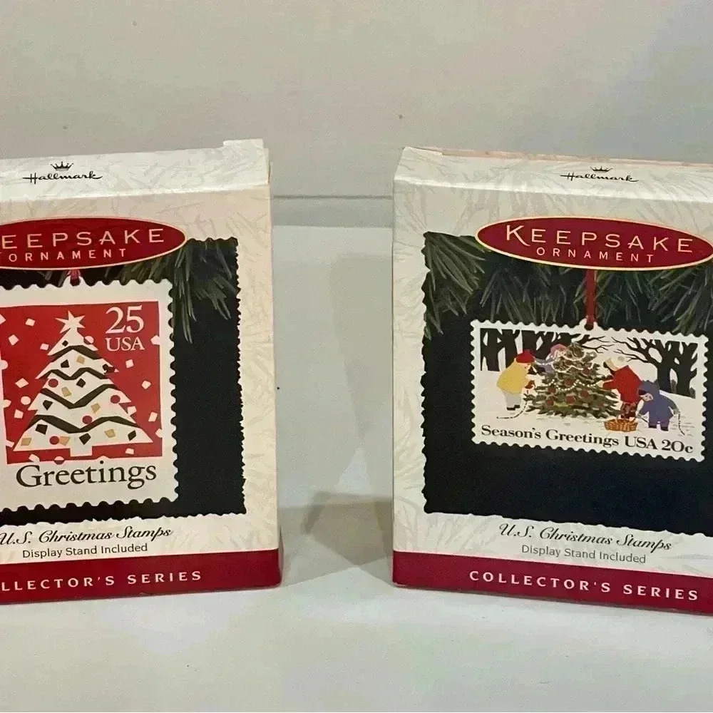 Hallmark Holiday vintage Ornaments  U.S Christmas stamps, with display stand